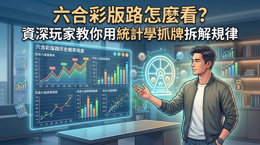 這張圖片展示了一位男士正在透過科技投影螢幕分析六合彩的統計圖表與數據規律。 畫面頂部配有醒目的繁體中文標題：「六合彩版路怎麼看？資深玩家教你用統計學抓牌拆解規律」。